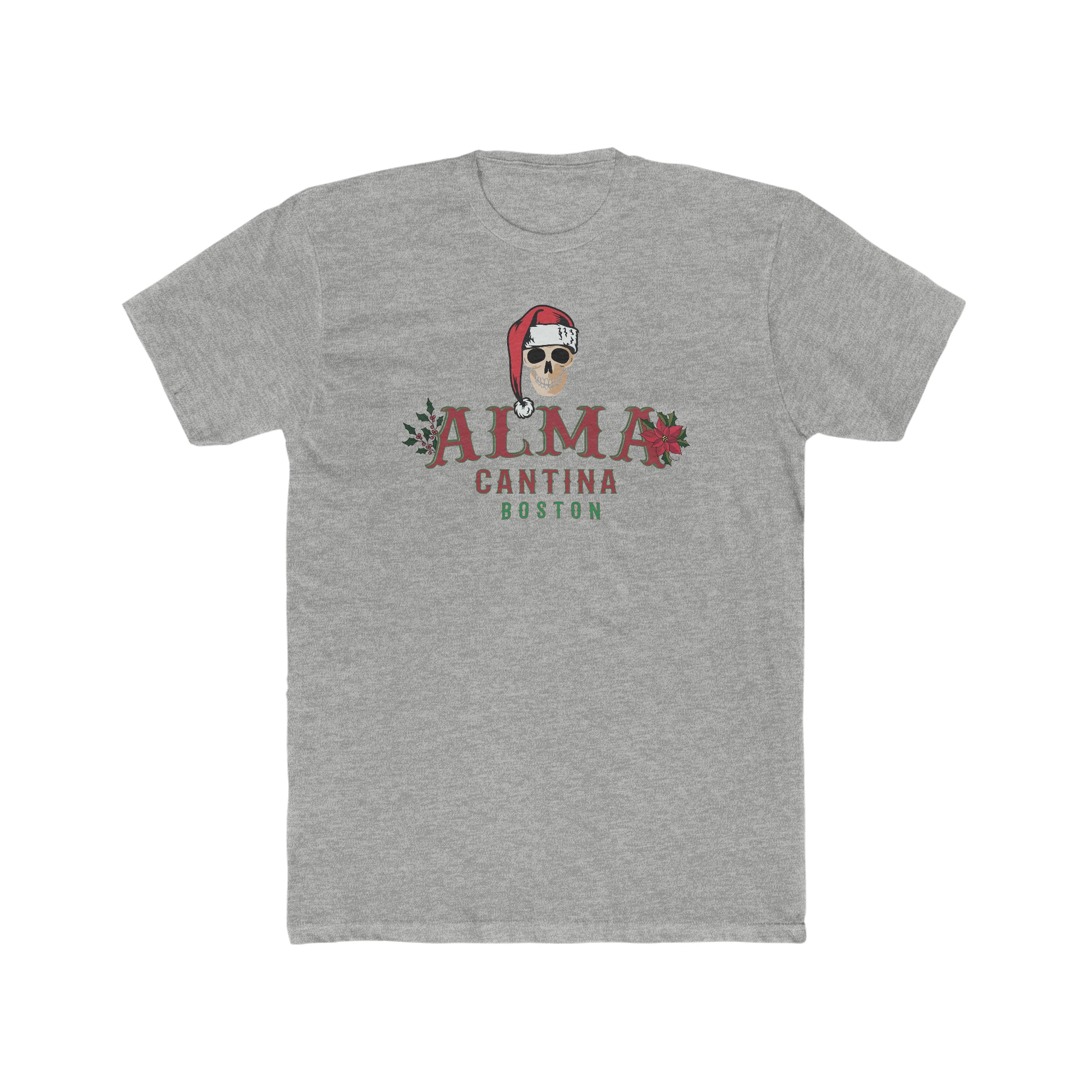 Grey premium cotton t-shirt featuring a Santa skull graphic with Alma Cantina Boston text and holiday floral accents.