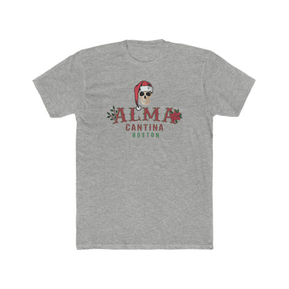 Grey premium cotton t-shirt featuring a Santa skull graphic with Alma Cantina Boston text and holiday floral accents.