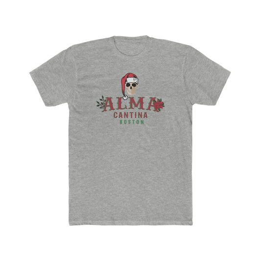 Grey premium cotton t-shirt featuring a Santa skull graphic with Alma Cantina Boston text and holiday floral accents.