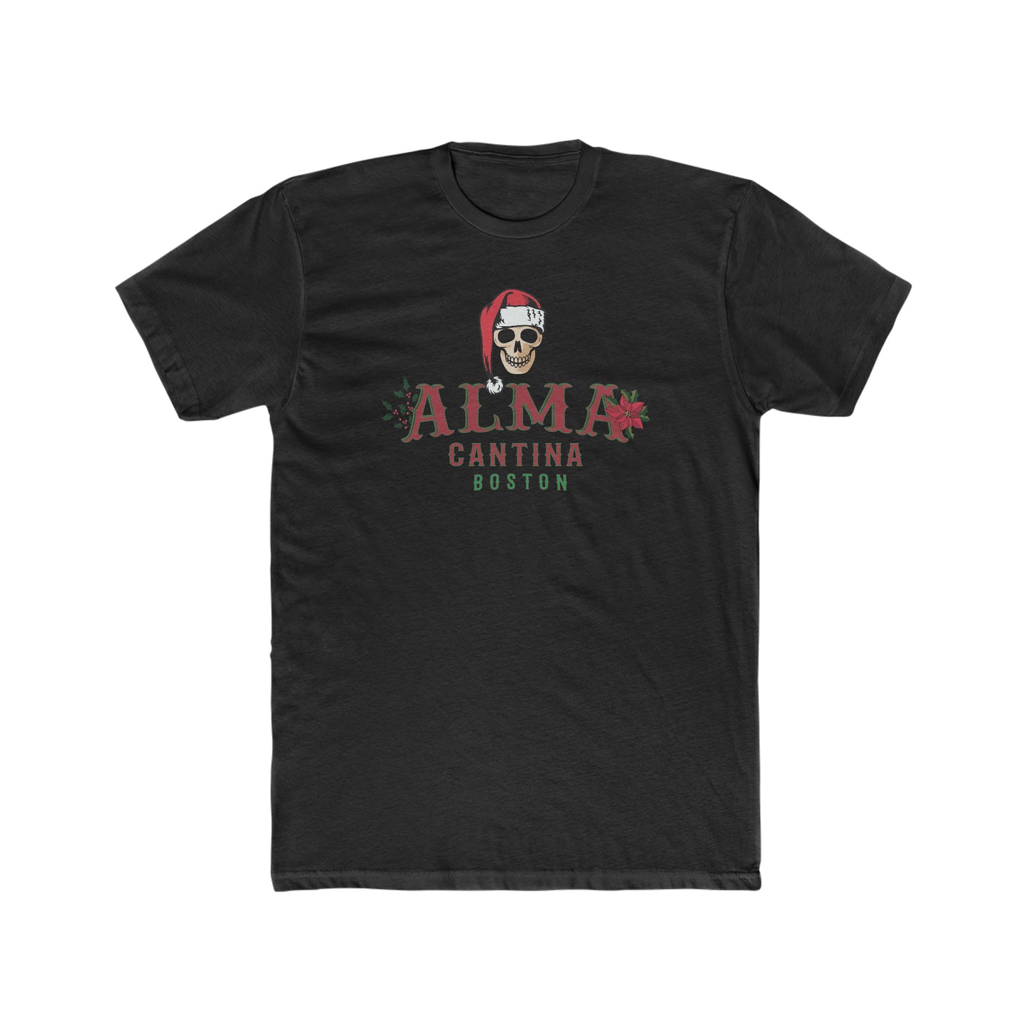 Black premium cotton t-shirt featuring a skull in a Santa hat with Alma Cantina Boston holiday text and poinsettias.