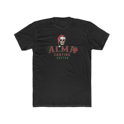 Black premium cotton t-shirt featuring a skull in a Santa hat with Alma Cantina Boston holiday text and poinsettias.