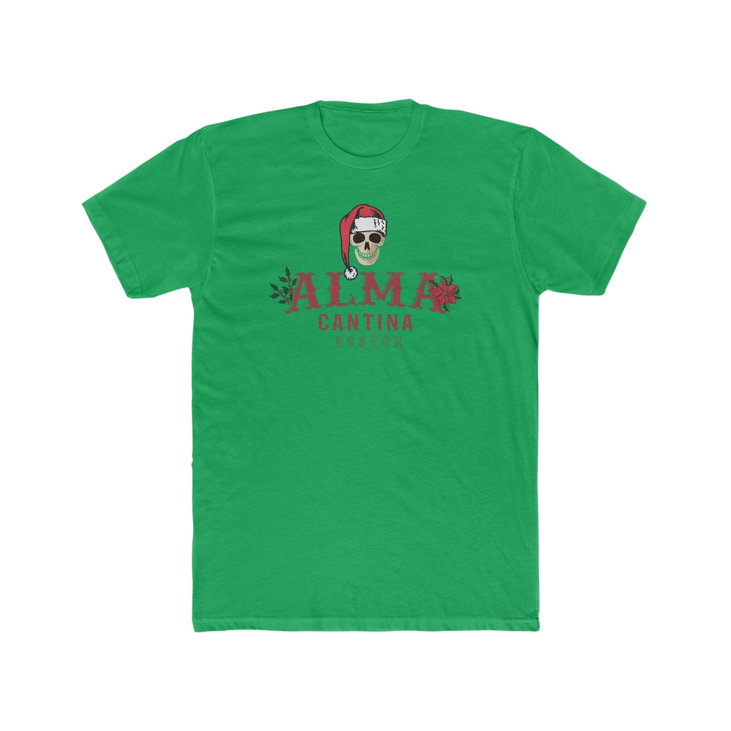 Green premium cotton t-shirt featuring a skull in a Santa hat and Alma Cantina holiday branding on the chest.