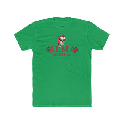 Green premium cotton t-shirt featuring a skull in a Santa hat and Alma Cantina holiday branding on the chest.