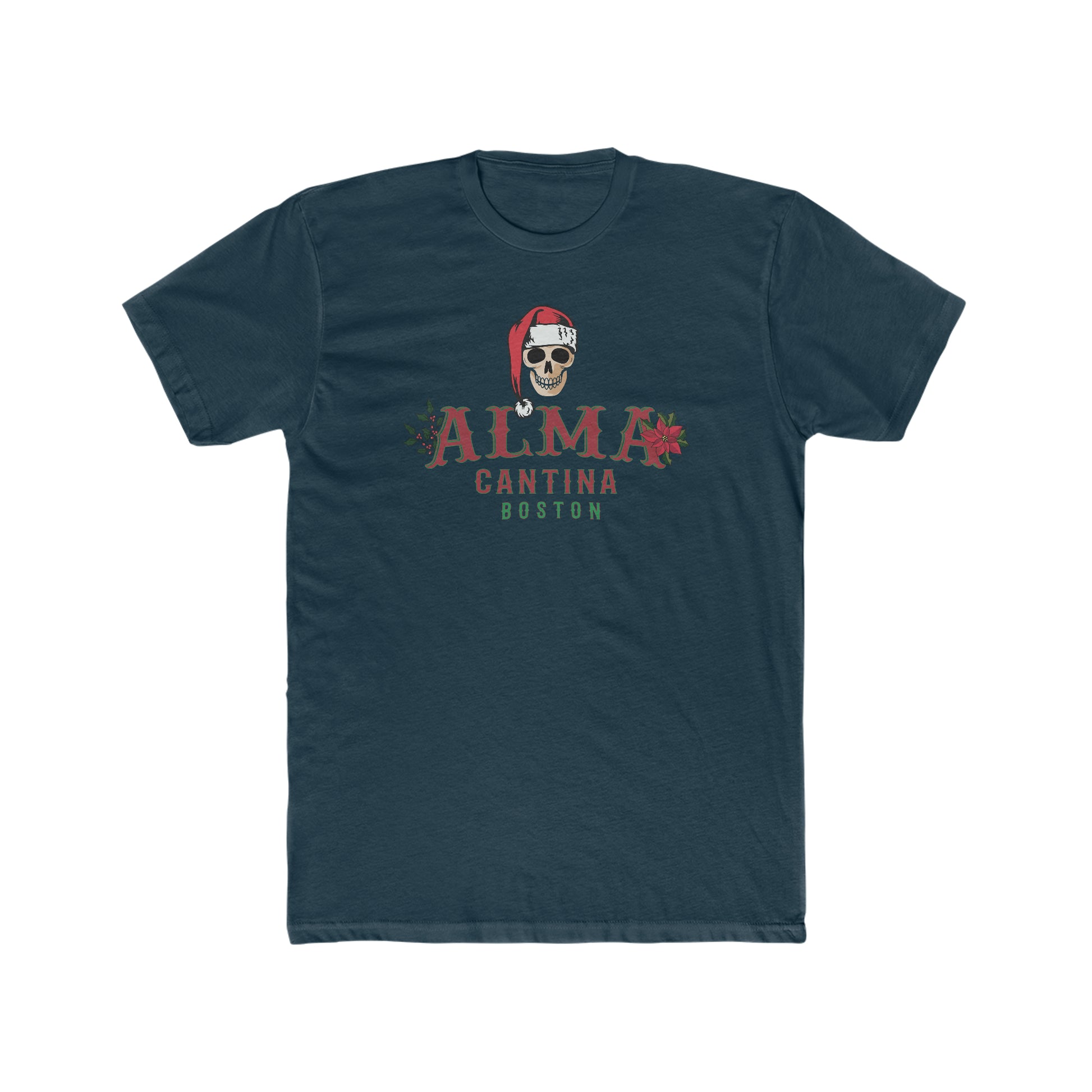 Dark navy premium cotton men's t-shirt featuring a Santa skull graphic with Alma Cantina Boston holiday text.