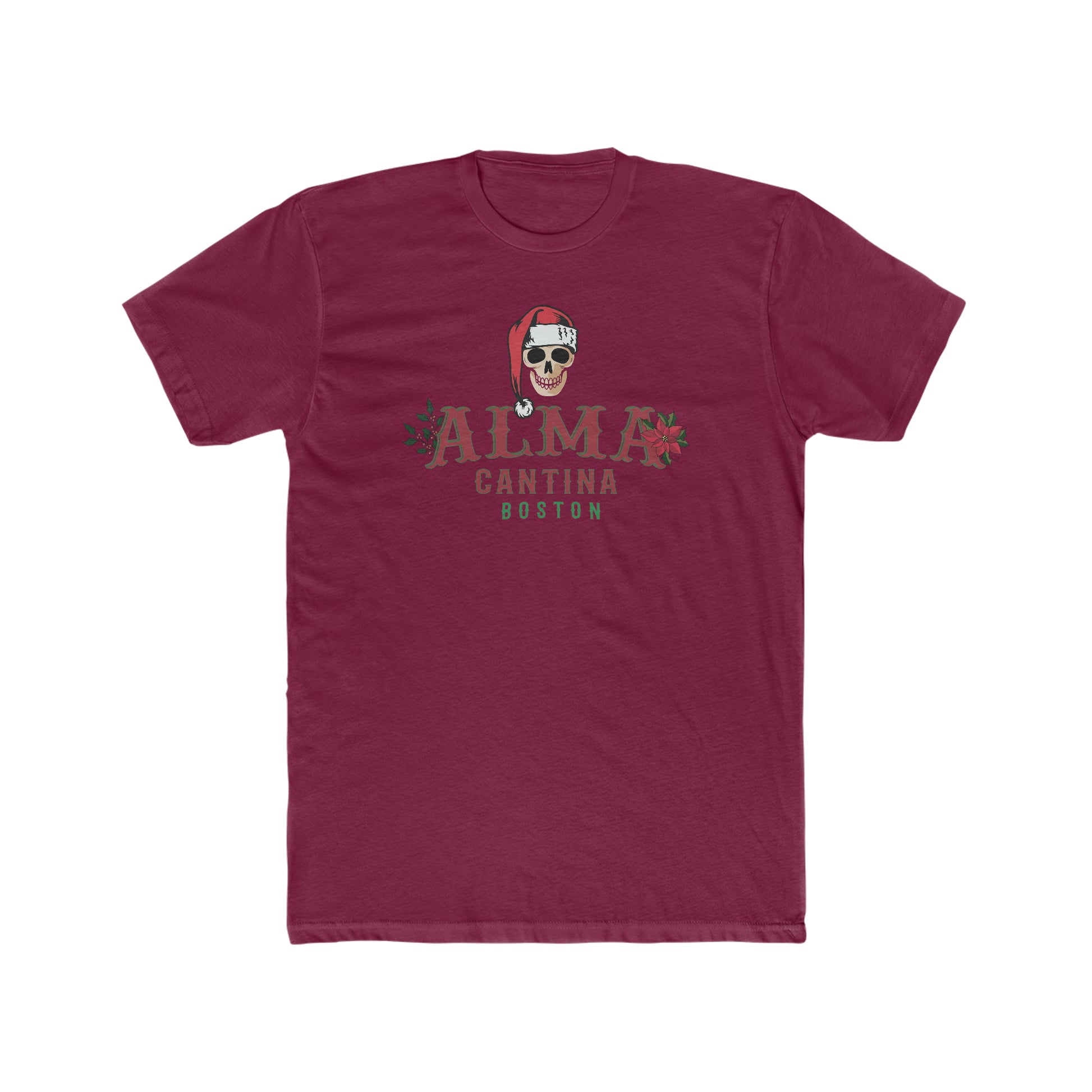 Burgundy premium cotton t-shirt featuring a Santa-hat-wearing skull graphic with Alma Cantina Boston holiday text.