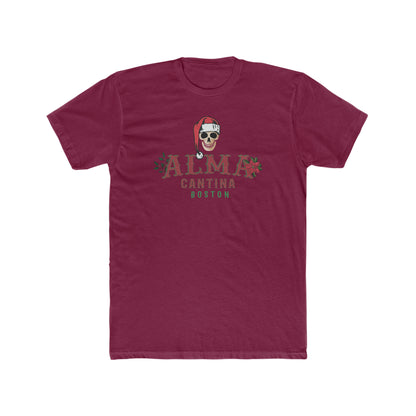Burgundy premium cotton t-shirt featuring a Santa-hat-wearing skull graphic with Alma Cantina Boston holiday text.