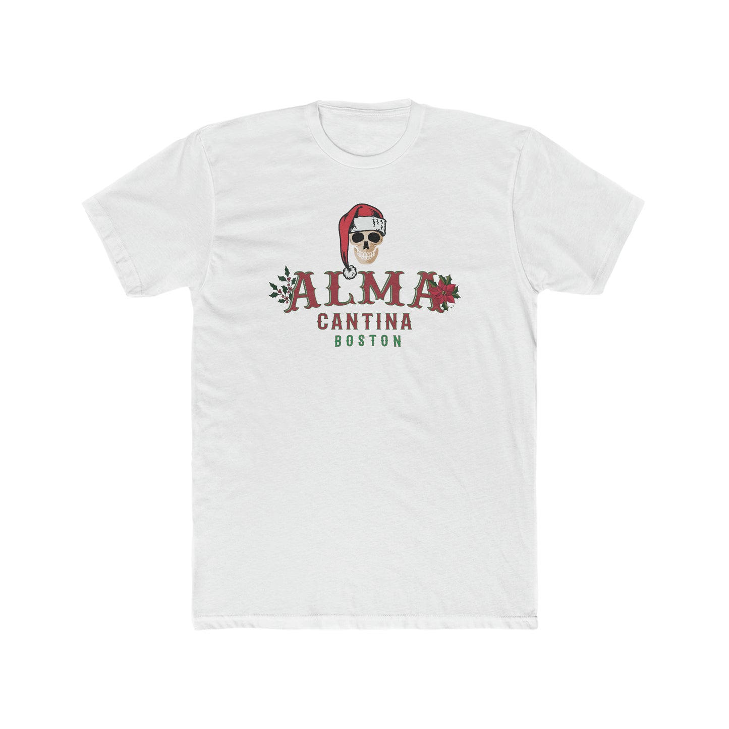 White premium cotton crewneck t-shirt featuring a festive skull in a Santa hat and Alma Cantina Boston holiday graphic.