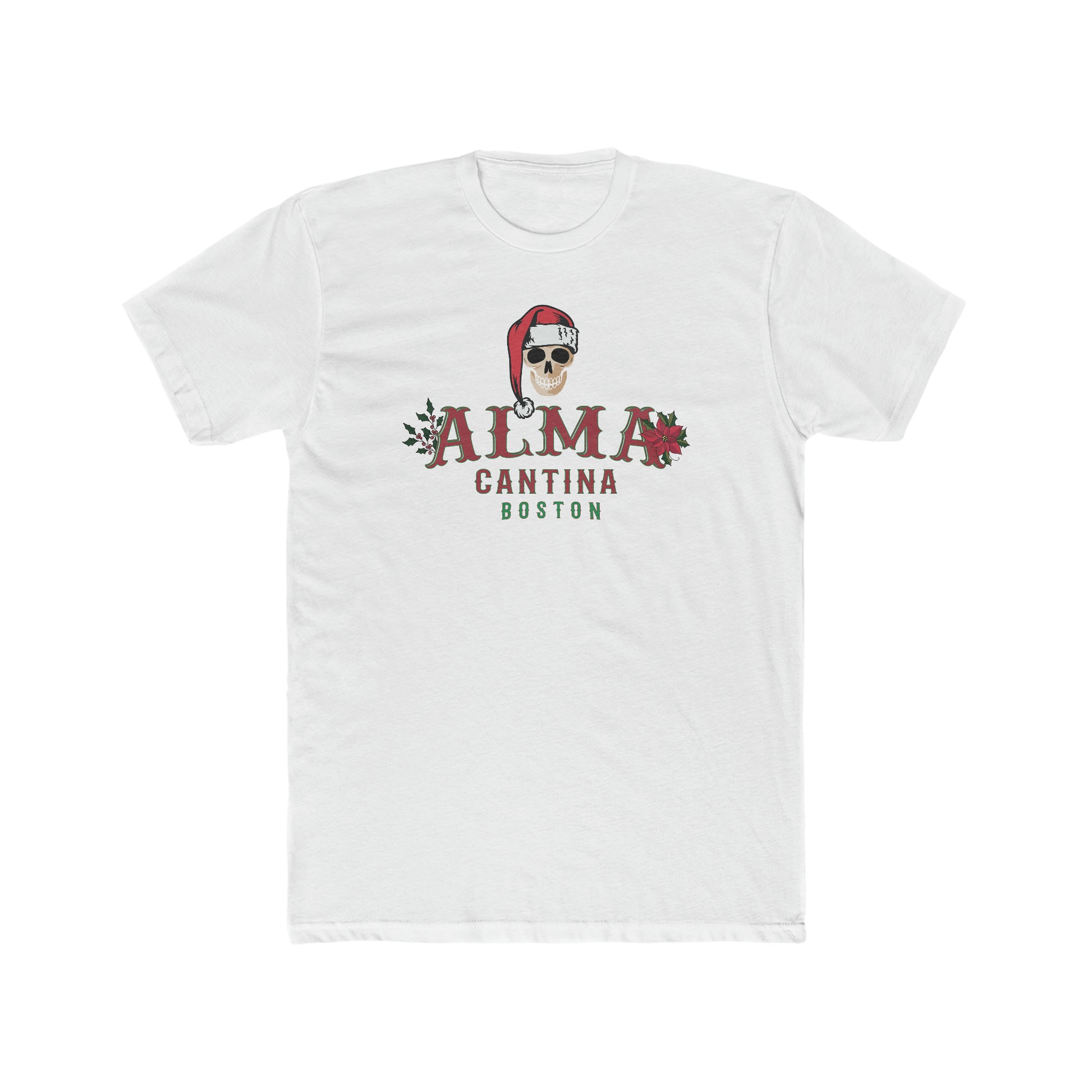 White premium cotton crewneck t-shirt featuring a festive skull in a Santa hat and Alma Cantina Boston holiday graphic.
