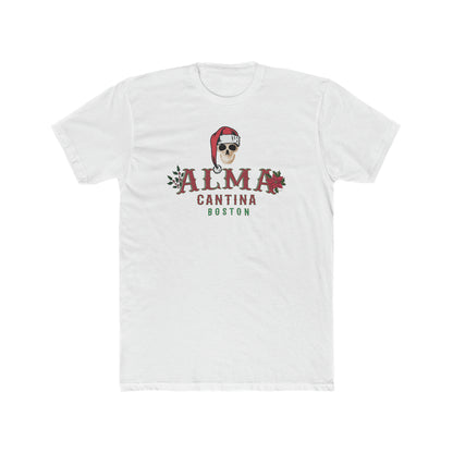 White premium cotton crewneck t-shirt featuring a festive skull in a Santa hat and Alma Cantina Boston holiday graphic.