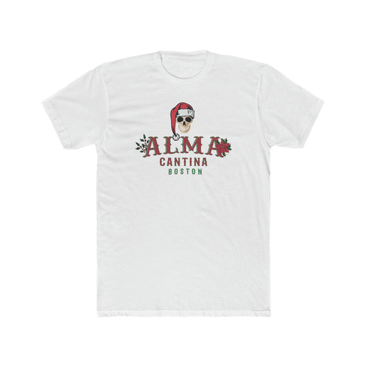 White premium cotton crewneck t-shirt featuring a festive skull in a Santa hat and Alma Cantina Boston holiday graphic.