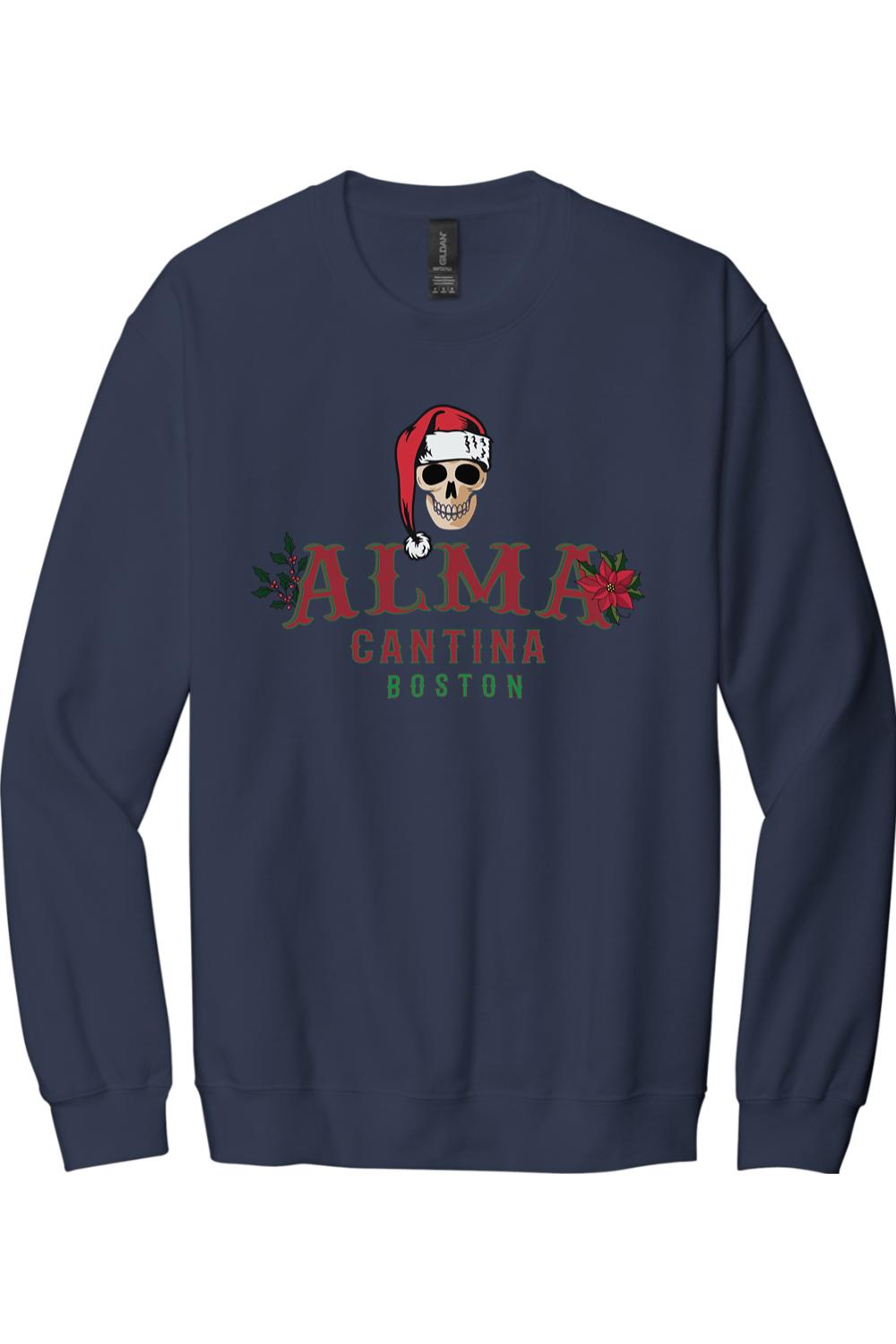 Navy blue cotton crewneck sweatshirt featuring a skull in a Santa hat and Alma Cantina Boston holiday graphic.