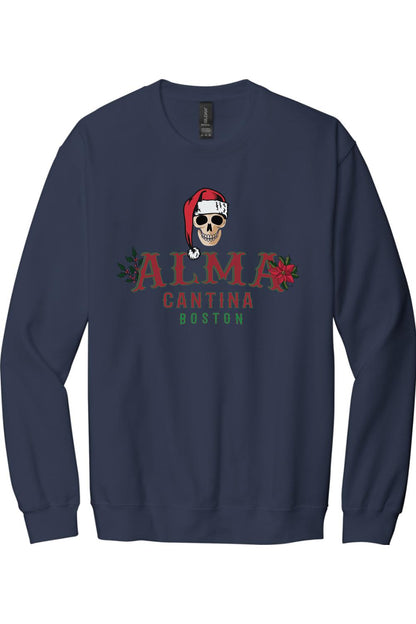 Navy blue cotton crewneck sweatshirt featuring a skull in a Santa hat and Alma Cantina Boston holiday graphic.