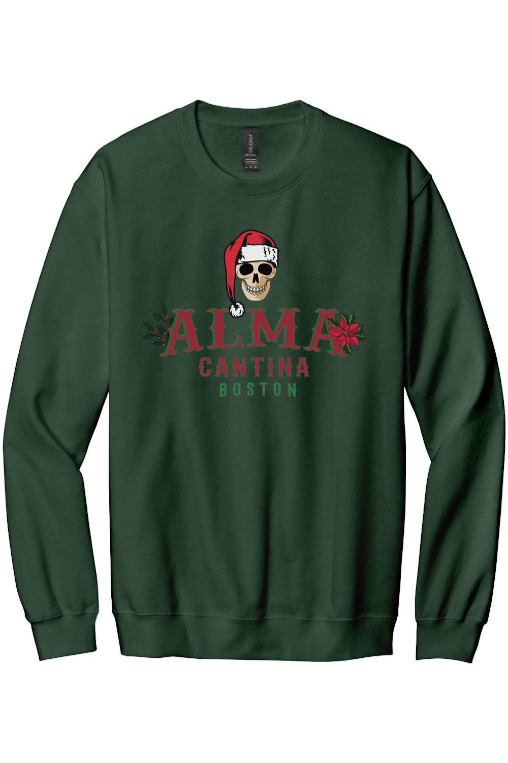 Dark green cotton crewneck sweatshirt featuring an Alma Cantina skull graphic wearing a Santa hat.