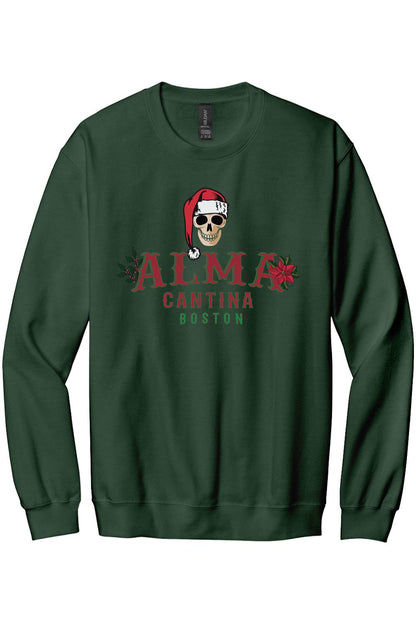 Dark green cotton crewneck sweatshirt featuring an Alma Cantina skull graphic wearing a Santa hat.