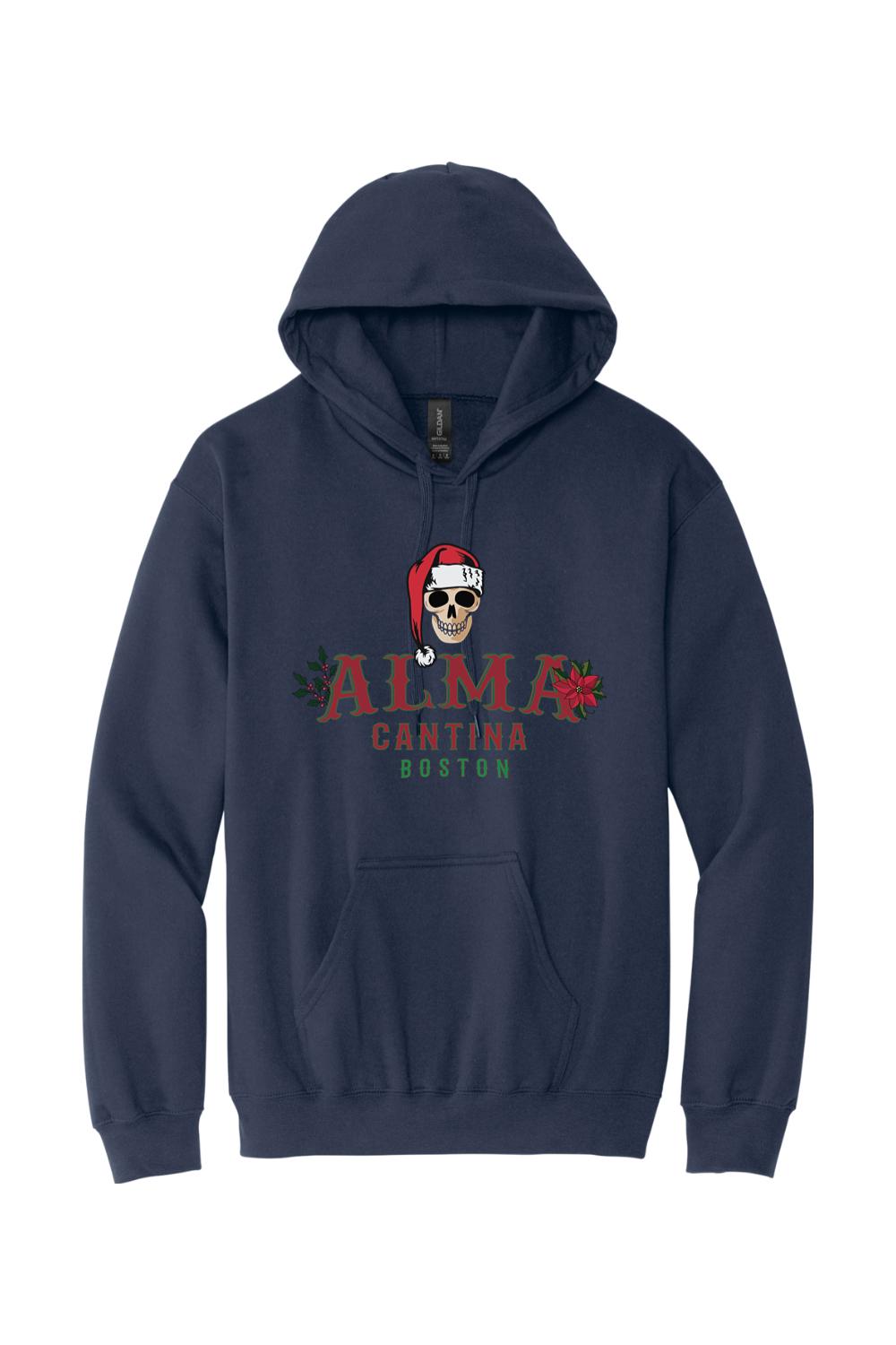 Navy blue cotton hoodie featuring an Alma Cantina holiday graphic with a Santa skull and poinsettias.
