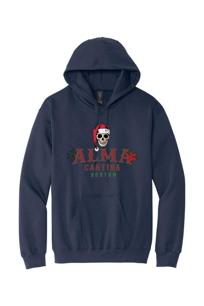 Navy blue cotton hoodie featuring an Alma Cantina holiday graphic with a Santa skull and poinsettias.