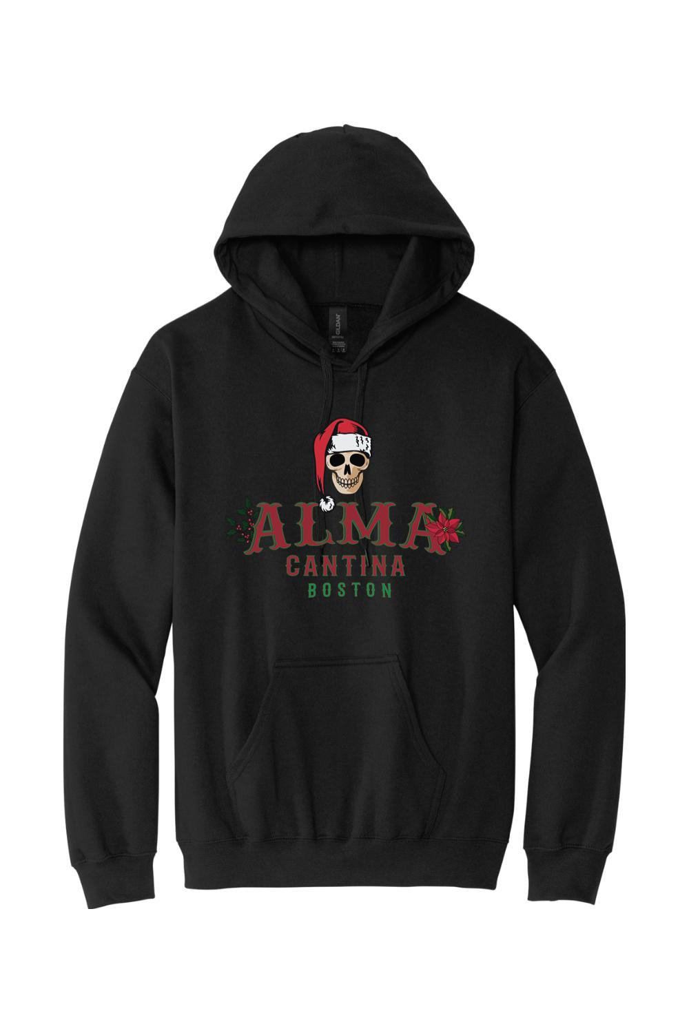 Black cotton hoodie featuring an Alma Cantina Boston logo with a Santa-hat-wearing skull and poinsettia graphics.