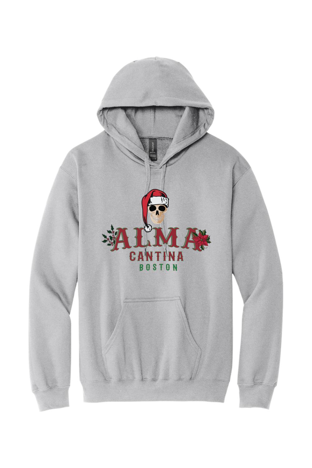 Light grey cotton hoodie featuring an Alma Cantina skull logo with a Santa hat and festive poinsettia accents.