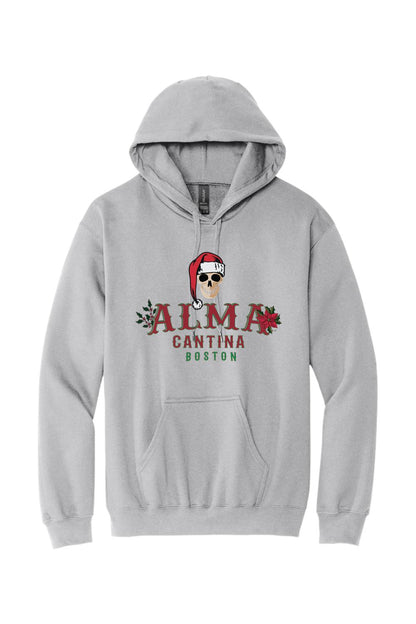 Light grey cotton hoodie featuring an Alma Cantina skull logo with a Santa hat and festive poinsettia accents.