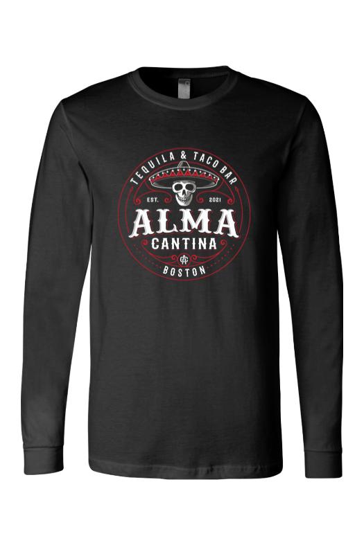 Black long-sleeve cotton t-shirt featuring a red and white Alma Cantina skull graphic on the chest.