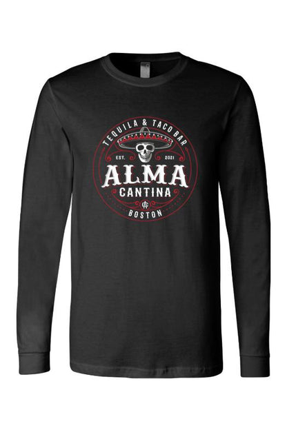 Black long-sleeve cotton t-shirt featuring a red and white Alma Cantina skull graphic on the chest.