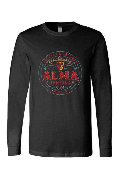 Black long-sleeve cotton t-shirt featuring a colorful Alma Cantina skull and sombrero graphic on the chest.