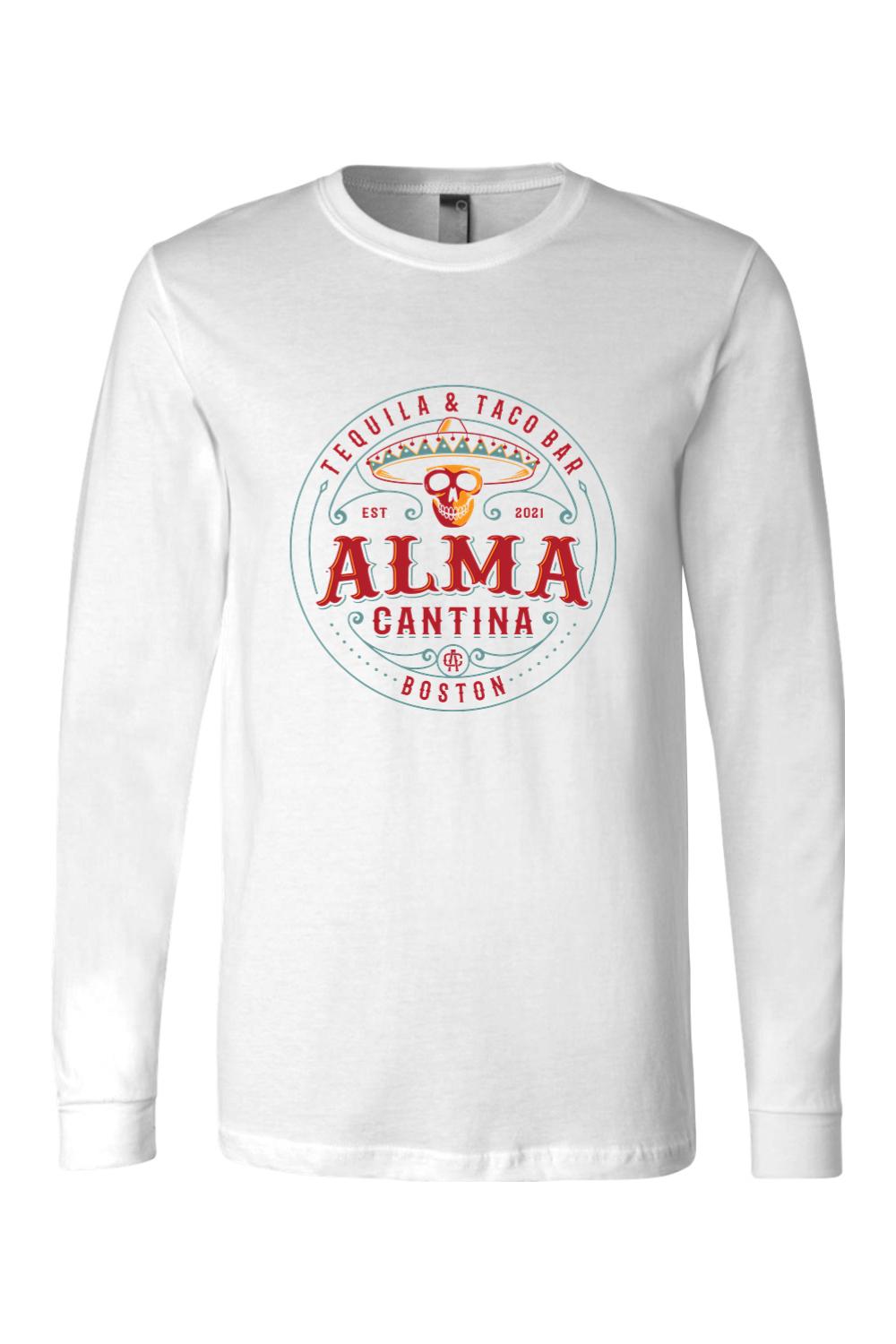 White long-sleeve cotton t-shirt featuring a colorful Alma Cantina Tequila & Taco Bar graphic on the chest.