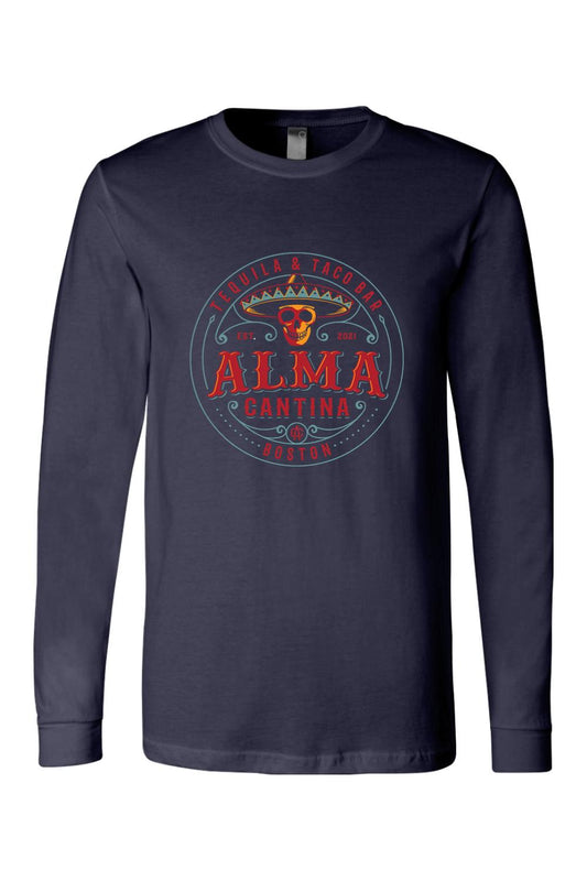 Navy blue long sleeve cotton t-shirt featuring a colorful Alma Cantina skull and sombrero graphic on the chest.