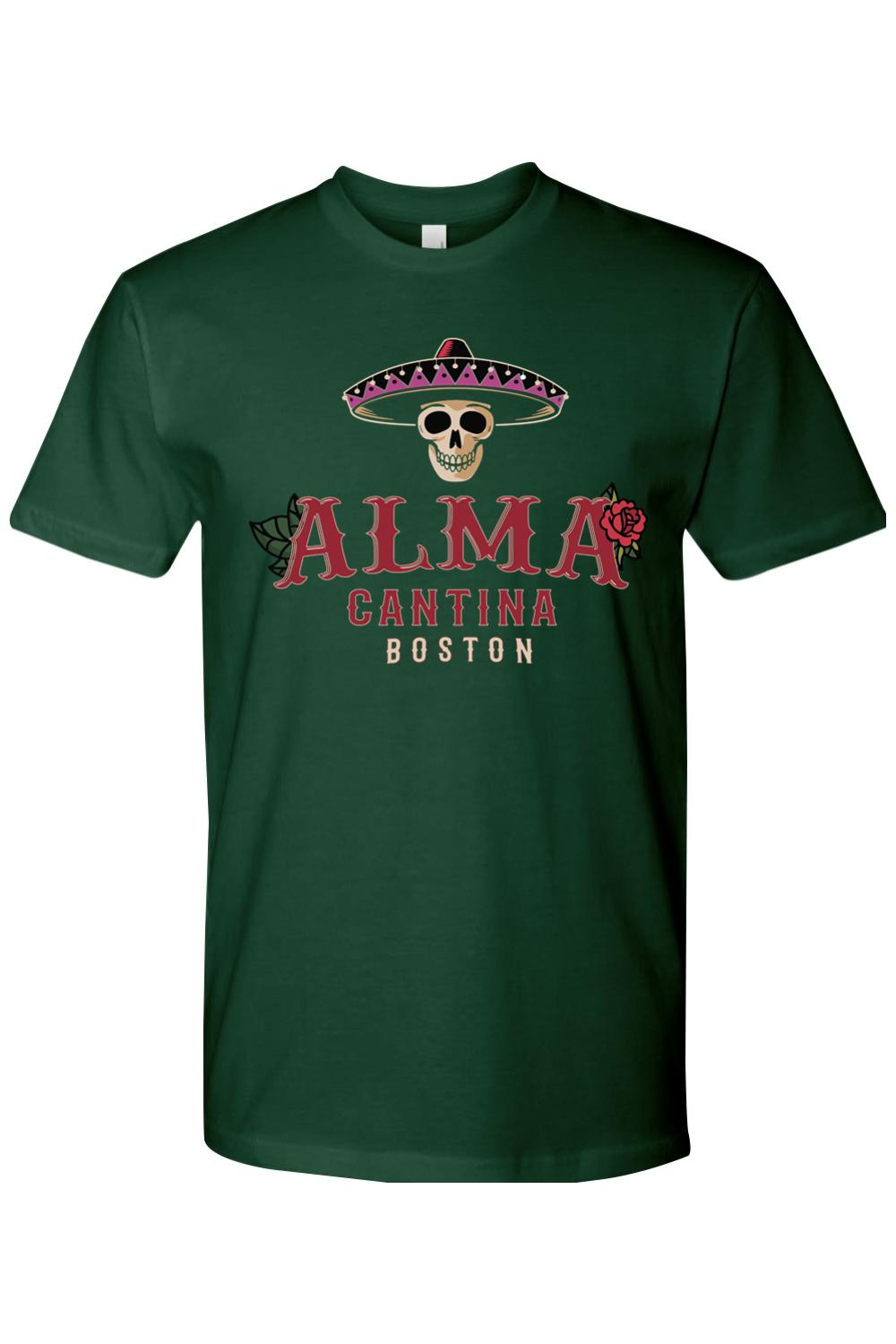 Dark green cotton crew neck t-shirt featuring an Alma Cantina skull and sombrero graphic on the chest.