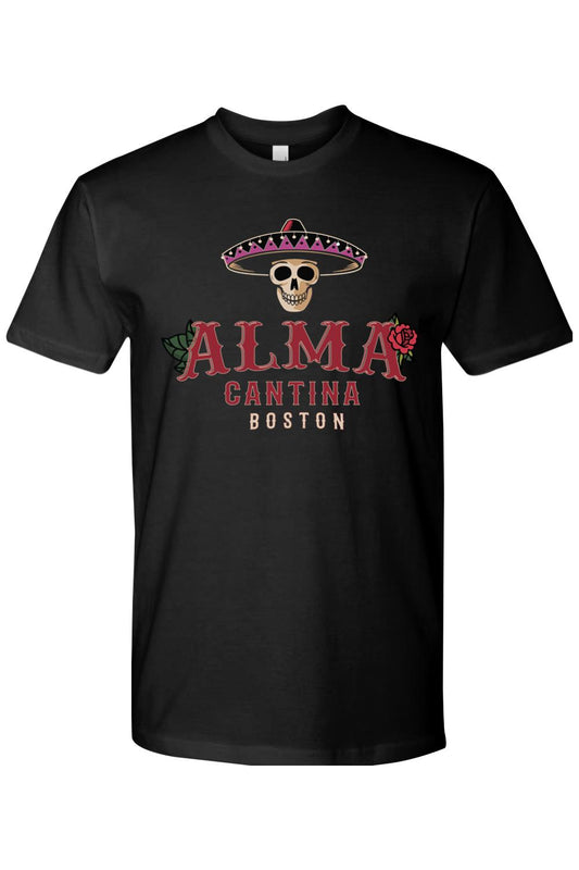 Black cotton crew neck t-shirt featuring an Alma Cantina Boston graphic with a skull wearing a sombrero and roses.