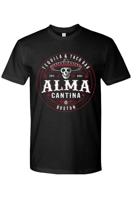 Black crew neck cotton t-shirt featuring a white and red Alma Cantina skull logo graphic on the chest.