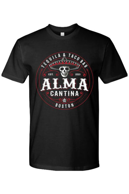 Black crew neck cotton t-shirt featuring a white and red Alma Cantina skull logo graphic on the chest.