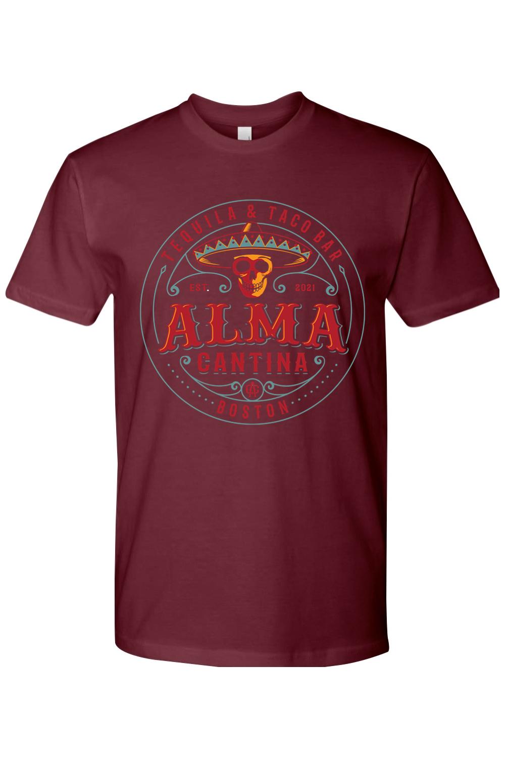 Alma Cantina crew neck t-shirt in Alma Rose cotton featuring a colorful skull and logo graphic on the front.