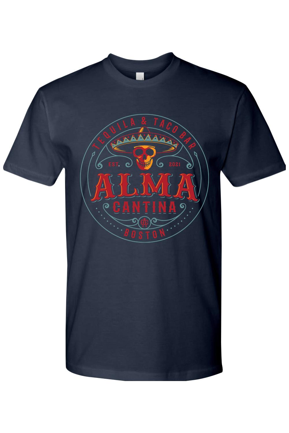Navy blue crew neck cotton t-shirt featuring a colorful Alma Cantina tequila and taco bar skull logo graphic.