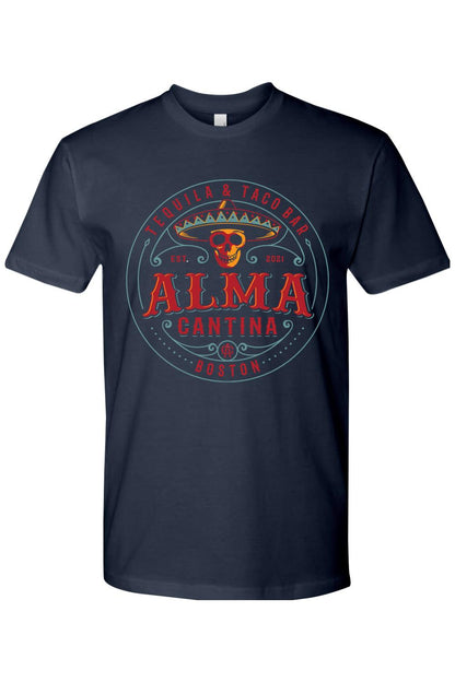 Navy blue crew neck cotton t-shirt featuring a colorful Alma Cantina tequila and taco bar skull logo graphic.