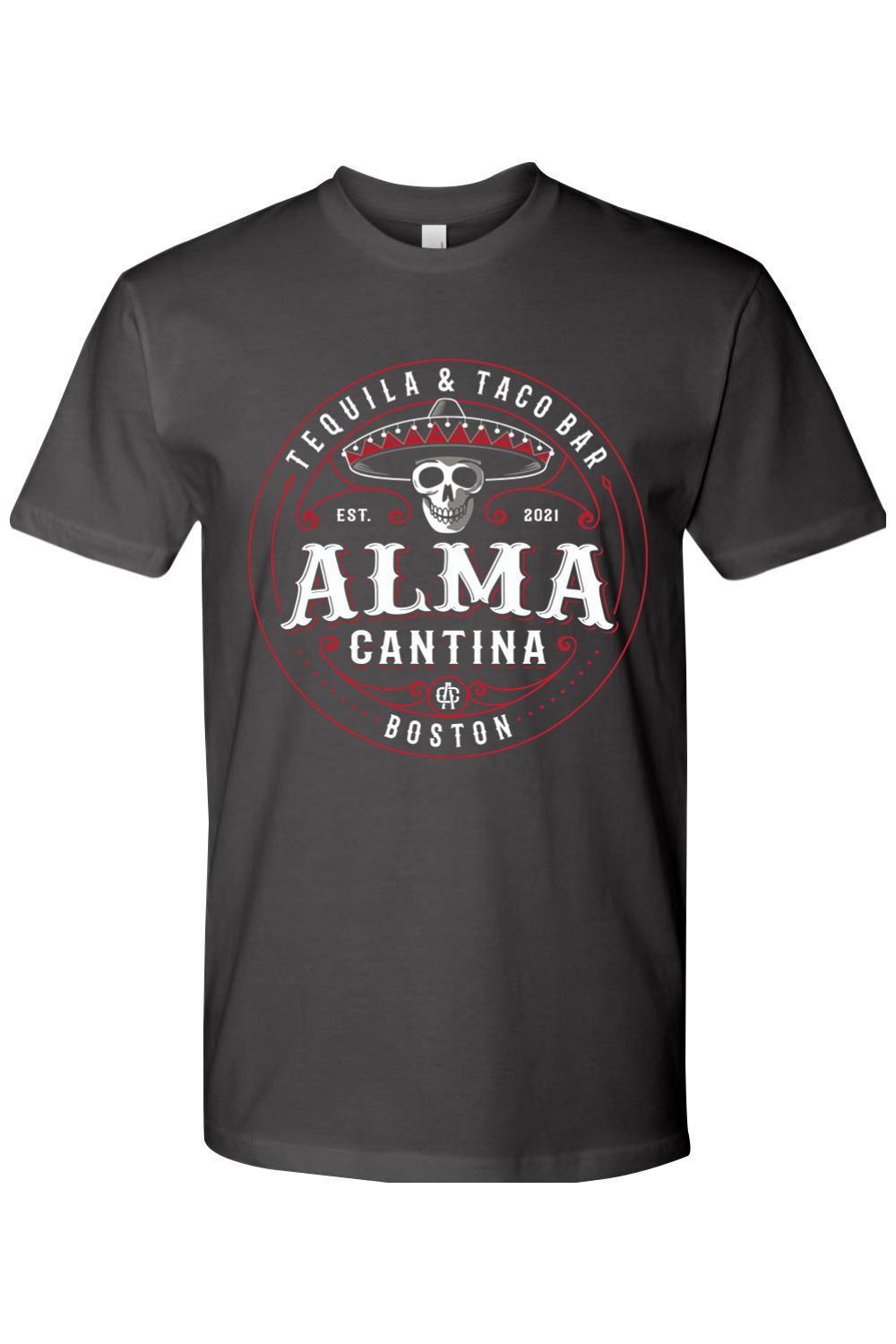 Charcoal grey cotton crew neck t-shirt featuring a white and red Alma Cantina logo graphic on the front.