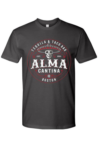 Charcoal grey cotton crew neck t-shirt featuring a white and red Alma Cantina logo graphic on the front.