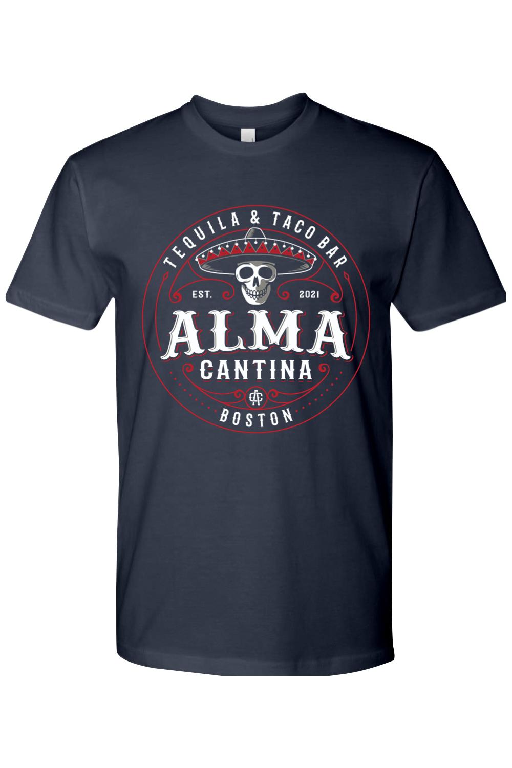 Navy blue cotton crew neck t-shirt featuring a white and red Alma Cantina graphic logo with a skull and sombrero.