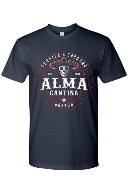 Navy blue cotton crew neck t-shirt featuring a white and red Alma Cantina graphic logo with a skull and sombrero.
