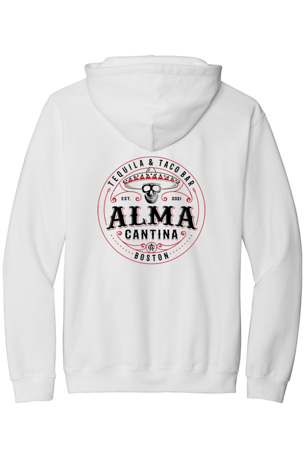 White cotton hoodie featuring a red and black Alma Cantina Tequila & Taco Bar skull logo on the back.
