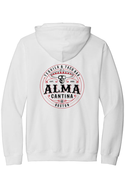 White cotton hoodie featuring a red and black Alma Cantina Tequila & Taco Bar skull logo on the back.