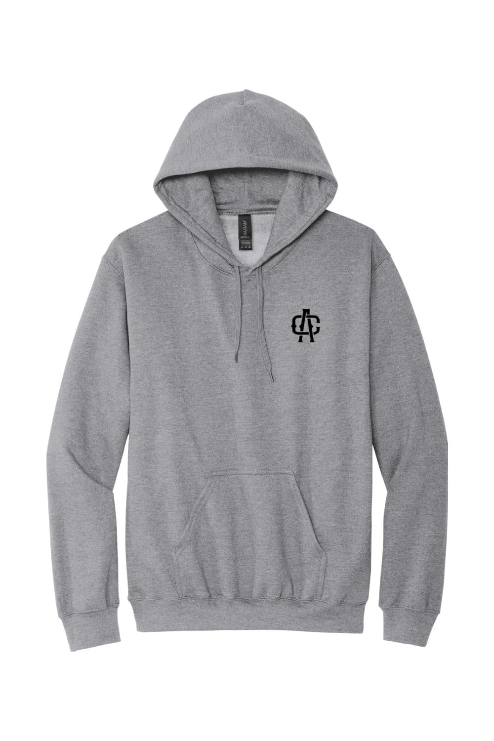 Grey unisex cotton hoodie featuring a black Alma Cantina logo on the chest, a drawstring hood, and a front pouch pocket.