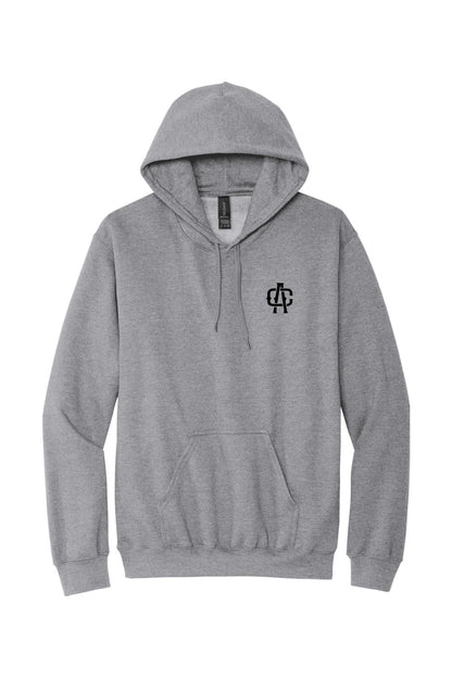 Grey unisex cotton hoodie featuring a black Alma Cantina logo on the chest, a drawstring hood, and a front pouch pocket.