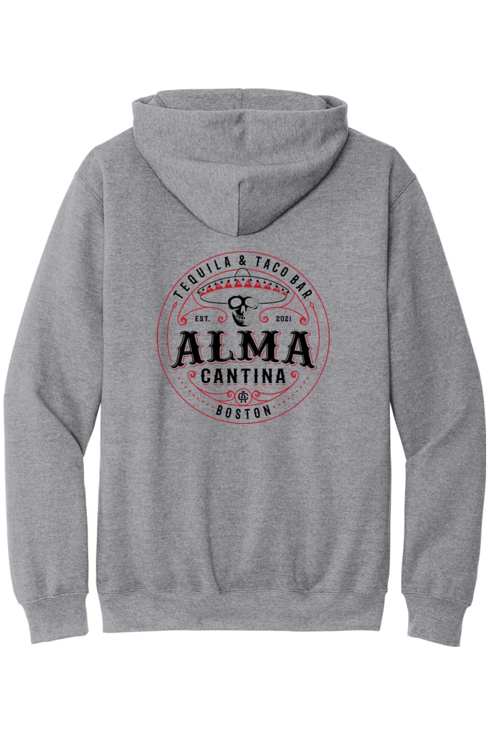 Grey zip-up hoodie featuring a red and black Alma Cantina Tequila & Taco Bar logo with a skull graphic on the back.