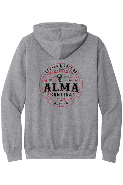 Grey zip-up hoodie featuring a red and black Alma Cantina Tequila & Taco Bar logo with a skull graphic on the back.