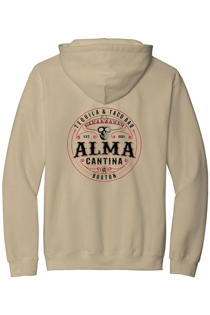 Beige unisex hoodie featuring a back graphic of a skull in a sombrero with Alma Cantina Tequila & Taco Bar branding.