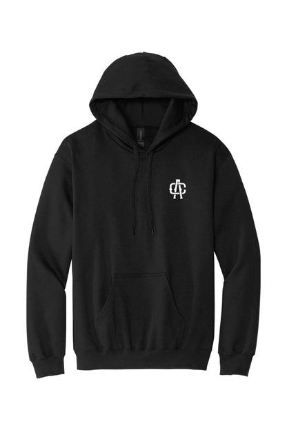 Black Alma Cantina unisex hoodie featuring a white chest logo, drawstring hood, and front kangaroo pocket.