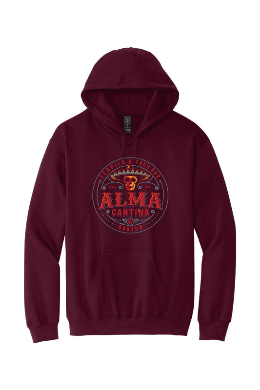 Maroon unisex hoodie featuring a graphic Alma Cantina logo with a skull and sombrero on the front chest.