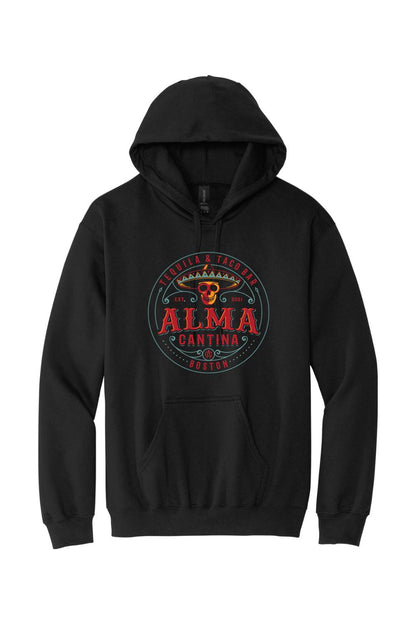 Black unisex hoodie featuring a colorful Alma Cantina logo with a skull and sombrero graphic on the front.