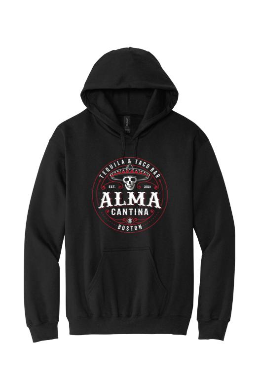 Black unisex hoodie featuring a white and red Alma Cantina logo with a skull graphic on the front chest.